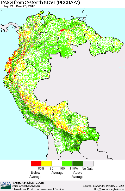Northern South America PASG from 3-Month NDVI (PROBA-V) Thematic Map For 12/11/2018 - 12/20/2018