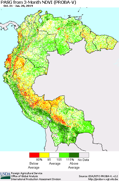 Northern South America PASG from 3-Month NDVI (PROBA-V) Thematic Map For 1/11/2019 - 1/20/2019