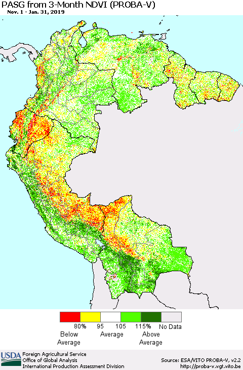 Northern South America PASG from 3-Month NDVI (PROBA-V) Thematic Map For 1/21/2019 - 1/31/2019