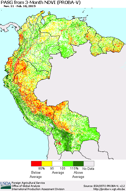 Northern South America PASG from 3-Month NDVI (PROBA-V) Thematic Map For 2/1/2019 - 2/10/2019