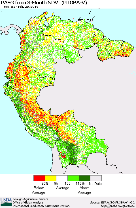 Northern South America PASG from 3-Month NDVI (PROBA-V) Thematic Map For 2/11/2019 - 2/20/2019