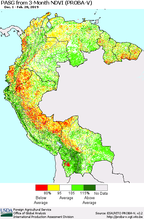 Northern South America PASG from 3-Month NDVI (PROBA-V) Thematic Map For 2/21/2019 - 2/28/2019