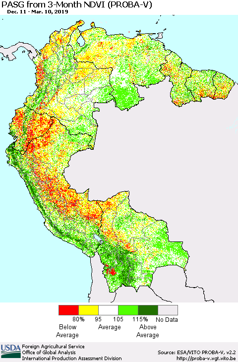 Northern South America PASG from 3-Month NDVI (PROBA-V) Thematic Map For 3/1/2019 - 3/10/2019