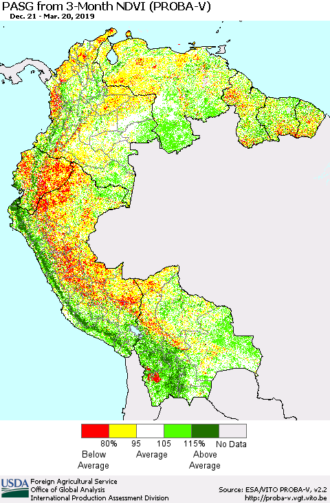 Northern South America PASG from 3-Month NDVI (PROBA-V) Thematic Map For 3/11/2019 - 3/20/2019
