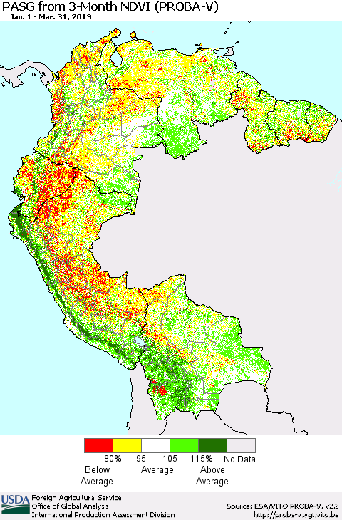 Northern South America PASG from 3-Month NDVI (PROBA-V) Thematic Map For 3/21/2019 - 3/31/2019