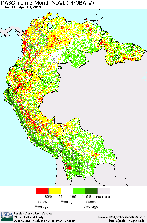 Northern South America PASG from 3-Month NDVI (PROBA-V) Thematic Map For 4/1/2019 - 4/10/2019
