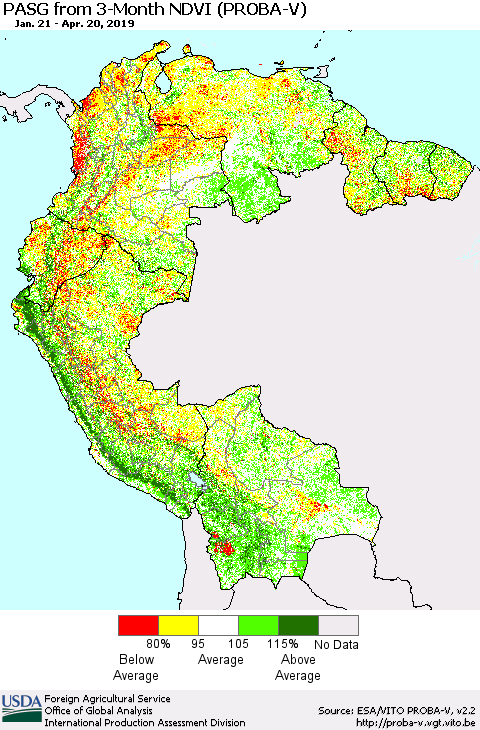 Northern South America PASG from 3-Month NDVI (PROBA-V) Thematic Map For 4/11/2019 - 4/20/2019