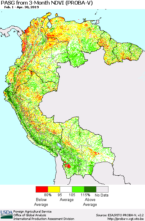 Northern South America PASG from 3-Month NDVI (PROBA-V) Thematic Map For 4/21/2019 - 4/30/2019