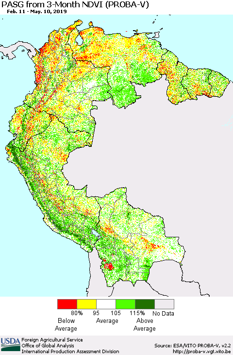 Northern South America PASG from 3-Month NDVI (PROBA-V) Thematic Map For 5/1/2019 - 5/10/2019