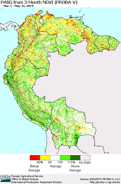 Northern South America PASG from 3-Month NDVI (PROBA-V) Thematic Map For 5/21/2019 - 5/31/2019