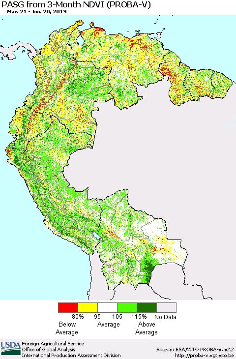 Northern South America PASG from 3-Month NDVI (PROBA-V) Thematic Map For 6/11/2019 - 6/20/2019