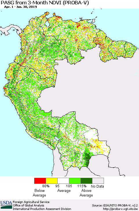 Northern South America PASG from 3-Month NDVI (PROBA-V) Thematic Map For 6/21/2019 - 6/30/2019