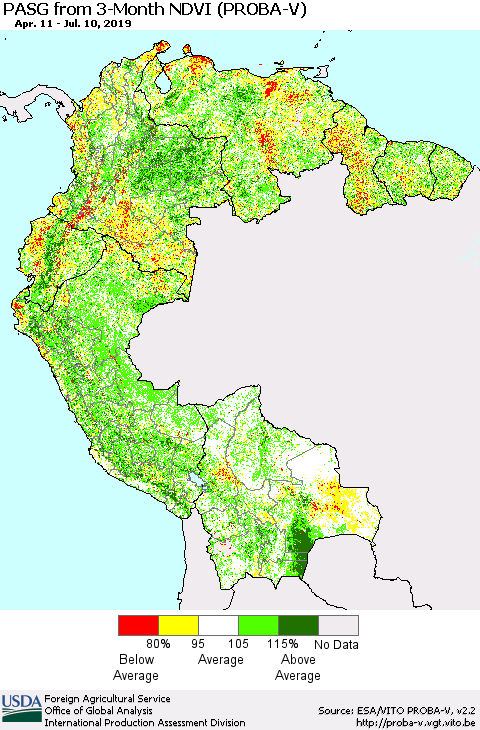 Northern South America PASG from 3-Month NDVI (PROBA-V) Thematic Map For 7/1/2019 - 7/10/2019