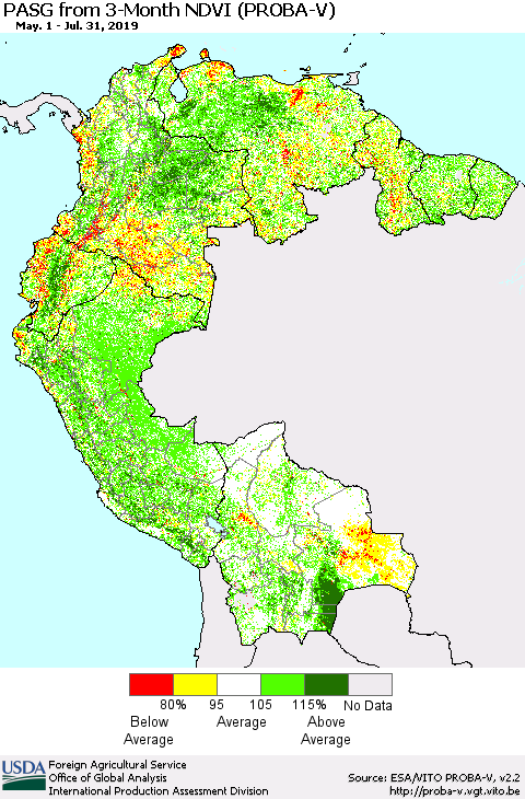 Northern South America PASG from 3-Month NDVI (PROBA-V) Thematic Map For 7/21/2019 - 7/31/2019