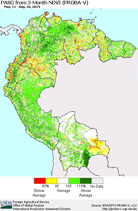 Northern South America PASG from 3-Month NDVI (PROBA-V) Thematic Map For 8/1/2019 - 8/10/2019