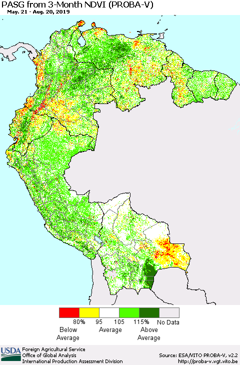Northern South America PASG from 3-Month NDVI (PROBA-V) Thematic Map For 8/11/2019 - 8/20/2019