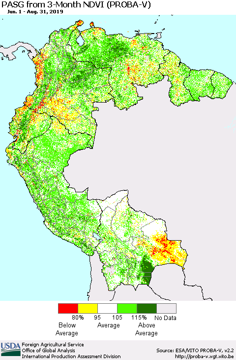 Northern South America PASG from 3-Month NDVI (PROBA-V) Thematic Map For 8/21/2019 - 8/31/2019