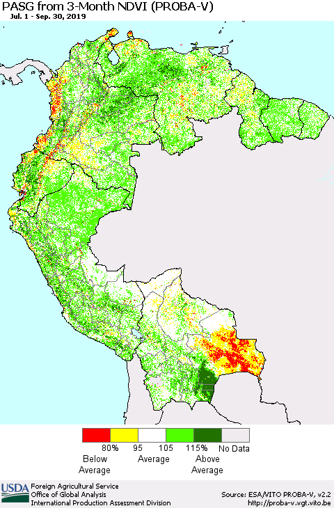 Northern South America PASG from 3-Month NDVI (PROBA-V) Thematic Map For 9/21/2019 - 9/30/2019