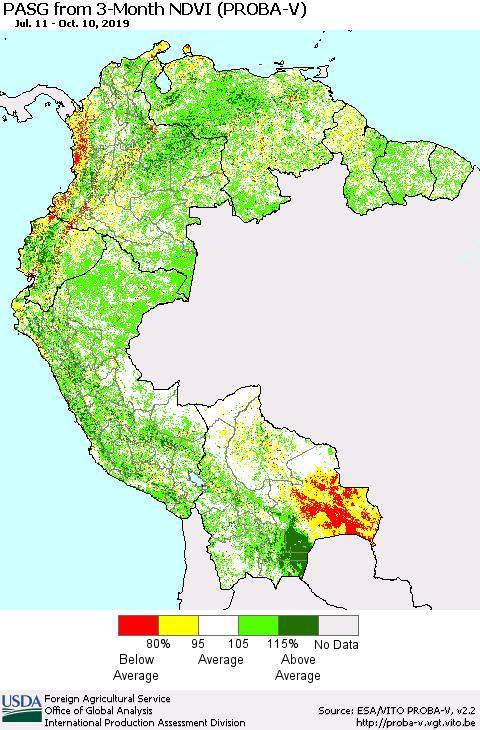 Northern South America PASG from 3-Month NDVI (PROBA-V) Thematic Map For 10/1/2019 - 10/10/2019