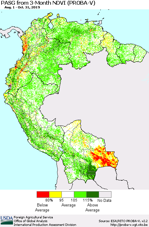 Northern South America PASG from 3-Month NDVI (PROBA-V) Thematic Map For 10/21/2019 - 10/31/2019