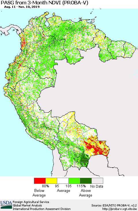 Northern South America PASG from 3-Month NDVI (PROBA-V) Thematic Map For 11/1/2019 - 11/10/2019
