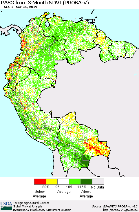 Northern South America PASG from 3-Month NDVI (PROBA-V) Thematic Map For 11/21/2019 - 11/30/2019