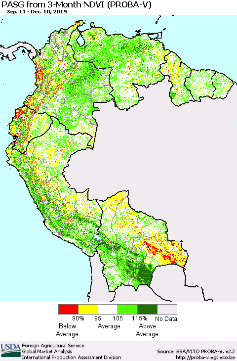 Northern South America PASG from 3-Month NDVI (PROBA-V) Thematic Map For 12/1/2019 - 12/10/2019