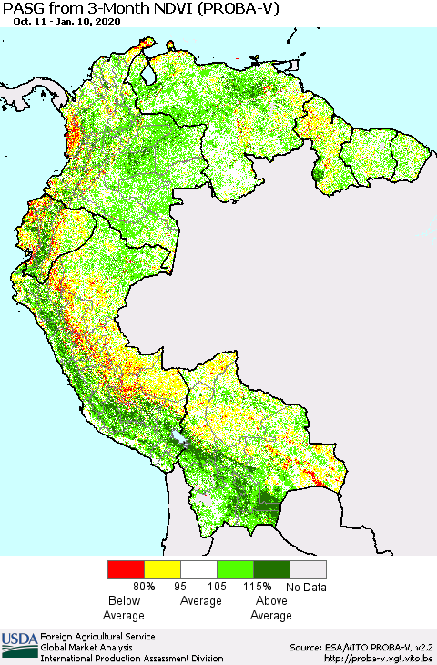Northern South America PASG from 3-Month NDVI (PROBA-V) Thematic Map For 1/1/2020 - 1/10/2020