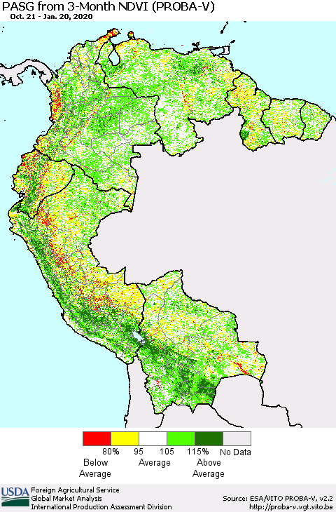Northern South America PASG from 3-Month NDVI (PROBA-V) Thematic Map For 1/11/2020 - 1/20/2020