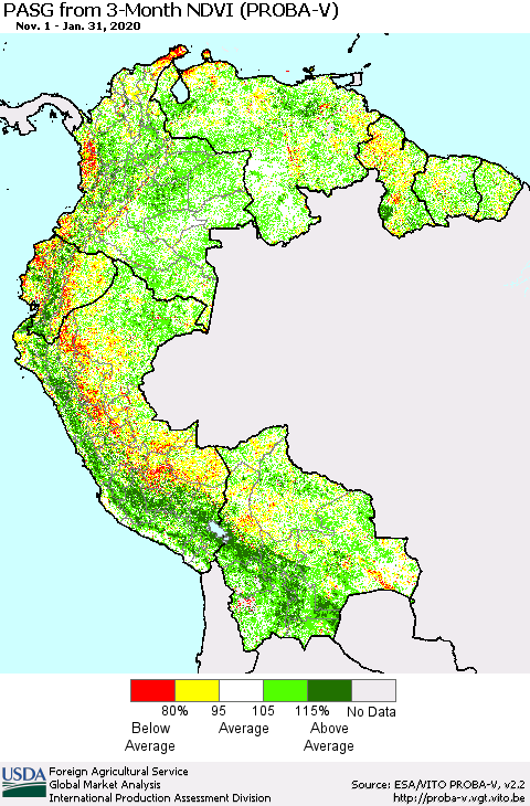 Northern South America PASG from 3-Month NDVI (PROBA-V) Thematic Map For 1/21/2020 - 1/31/2020