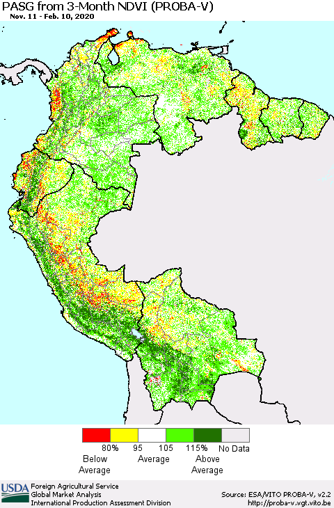Northern South America PASG from 3-Month NDVI (PROBA-V) Thematic Map For 2/1/2020 - 2/10/2020