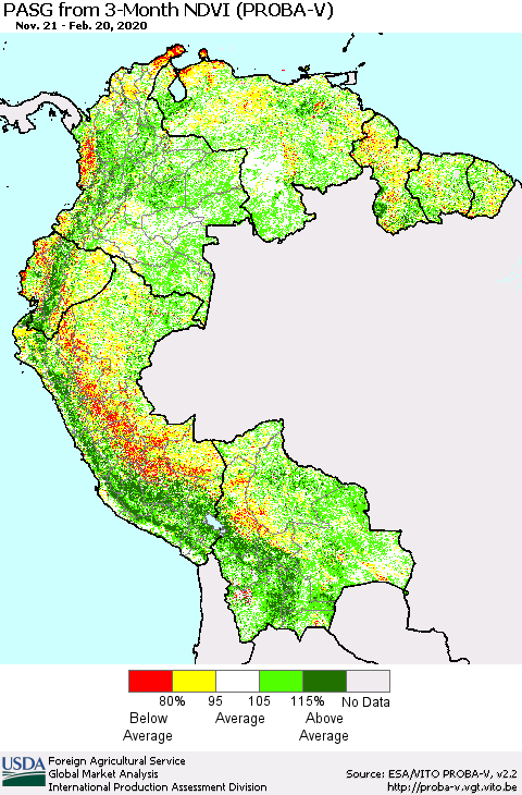 Northern South America PASG from 3-Month NDVI (PROBA-V) Thematic Map For 2/11/2020 - 2/20/2020