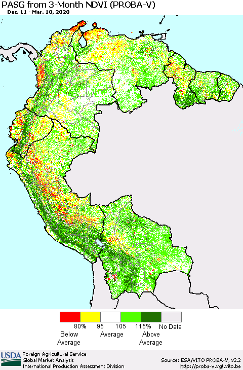 Northern South America PASG from 3-Month NDVI (PROBA-V) Thematic Map For 3/1/2020 - 3/10/2020