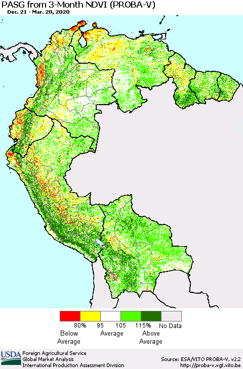 Northern South America PASG from 3-Month NDVI (PROBA-V) Thematic Map For 3/11/2020 - 3/20/2020
