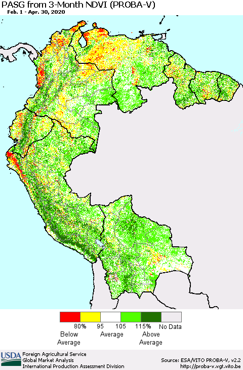 Northern South America PASG from 3-Month NDVI (PROBA-V) Thematic Map For 4/21/2020 - 4/30/2020