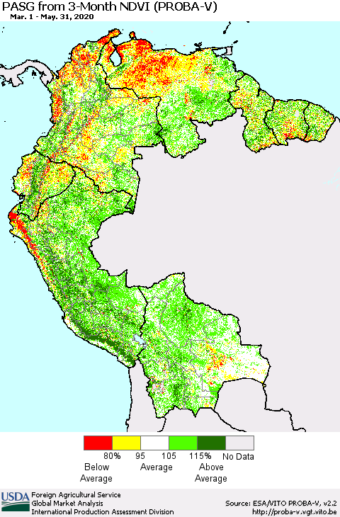 Northern South America PASG from 3-Month NDVI (PROBA-V) Thematic Map For 5/21/2020 - 5/31/2020