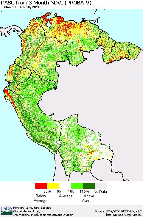 Northern South America PASG from 3-Month NDVI (PROBA-V) Thematic Map For 6/1/2020 - 6/10/2020