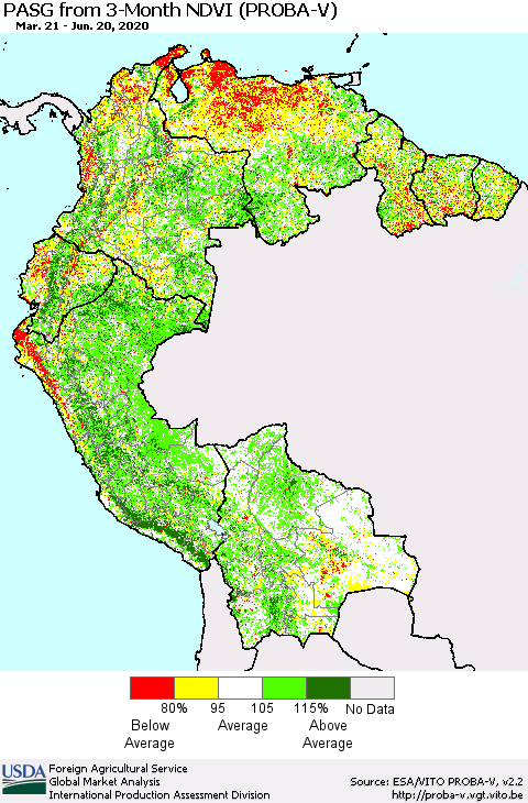 Northern South America PASG from 3-Month NDVI (PROBA-V) Thematic Map For 6/11/2020 - 6/20/2020