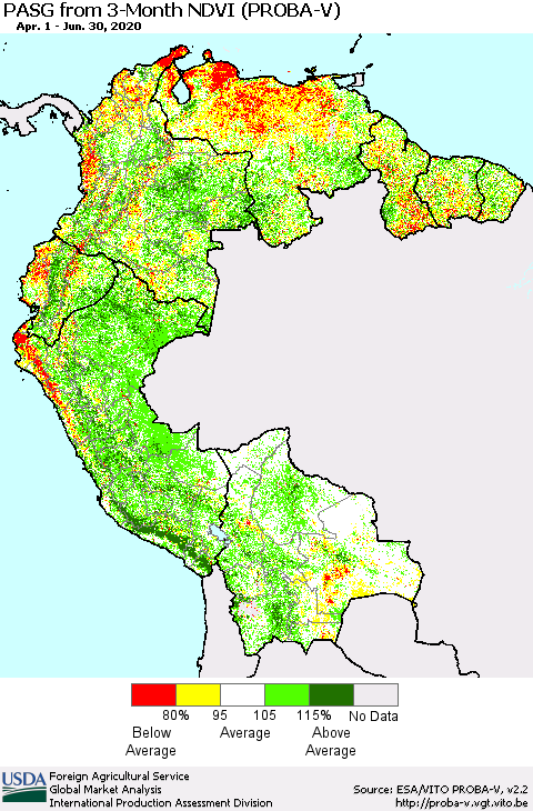 Northern South America PASG from 3-Month NDVI (PROBA-V) Thematic Map For 6/21/2020 - 6/30/2020