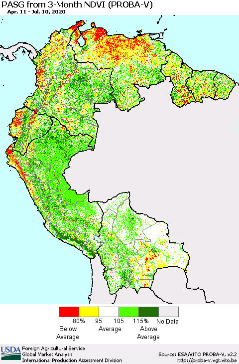 Northern South America PASG from 3-Month NDVI (PROBA-V) Thematic Map For 7/1/2020 - 7/10/2020