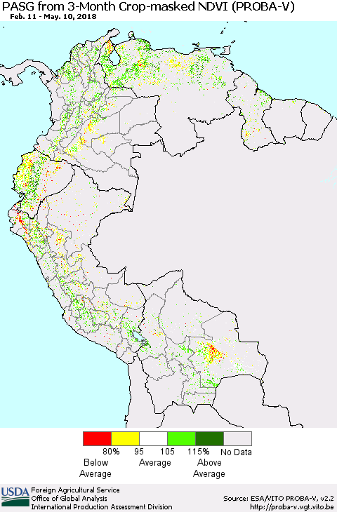 Northern South America PASG from 3-Month Crop-masked NDVI (PROBA-V) Thematic Map For 5/1/2018 - 5/10/2018