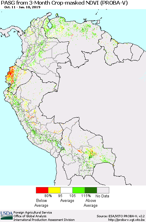 Northern South America PASG from 3-Month Crop-masked NDVI (PROBA-V) Thematic Map For 1/1/2019 - 1/10/2019