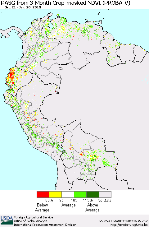 Northern South America PASG from 3-Month Crop-masked NDVI (PROBA-V) Thematic Map For 1/11/2019 - 1/20/2019