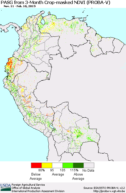 Northern South America PASG from 3-Month Crop-masked NDVI (PROBA-V) Thematic Map For 2/1/2019 - 2/10/2019