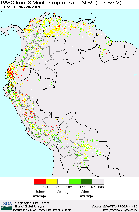 Northern South America PASG from 3-Month Crop-masked NDVI (PROBA-V) Thematic Map For 3/11/2019 - 3/20/2019