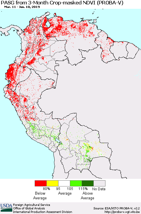 Northern South America PASG from 3-Month Crop-masked NDVI (PROBA-V) Thematic Map For 6/1/2019 - 6/10/2019