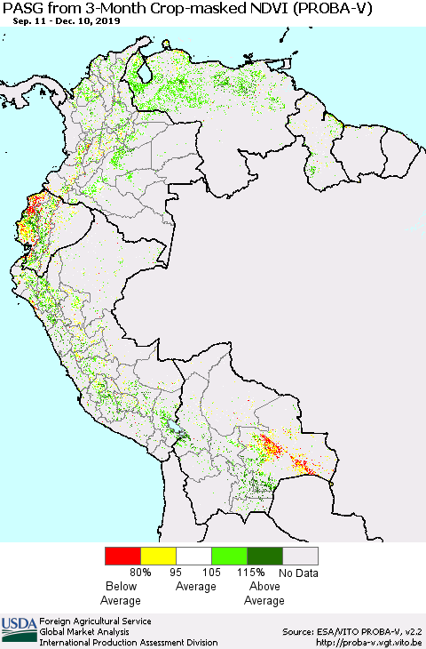 Northern South America PASG from 3-Month Crop-masked NDVI (PROBA-V) Thematic Map For 12/1/2019 - 12/10/2019