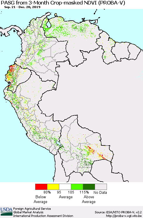Northern South America PASG from 3-Month Crop-masked NDVI (PROBA-V) Thematic Map For 12/11/2019 - 12/20/2019
