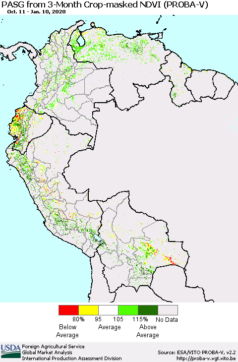 Northern South America PASG from 3-Month Crop-masked NDVI (PROBA-V) Thematic Map For 1/1/2020 - 1/10/2020