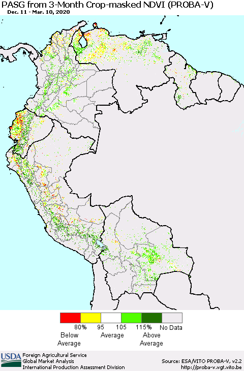 Northern South America PASG from 3-Month Crop-masked NDVI (PROBA-V) Thematic Map For 3/1/2020 - 3/10/2020